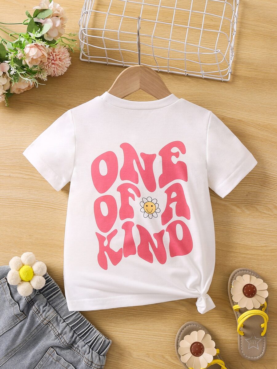 少女白色碎花印花標語休閒可愛基本款圓領常規袖T恤夏季 - 白色 - 查看 1