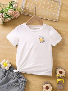 少女白色碎花印花標語休閒可愛基本款圓領常規袖T恤夏季 - 白色 - 查看 2