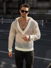 Manfinity Homme Men Hooded Open Knit Top - Beige - View 1