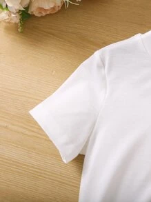 少女白色碎花印花標語休閒可愛基本款圓領常規袖T恤夏季 - 白色 - 查看 5
