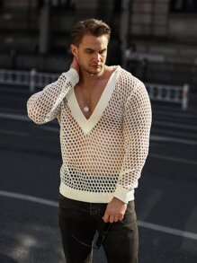 Manfinity Homme Men Hooded Open Knit Top - Beige - View 6