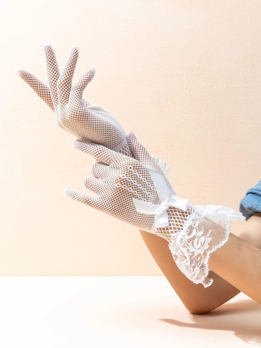 Bow Decor Lace Trim Fishnet Gloves - White - View 1