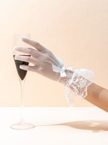 Bow Decor Lace Trim Fishnet Gloves - White - View 3