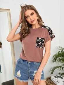 SHEIN LUNE 印花補丁口袋插肩袖T恤 - 藕粉色 - 查看 1