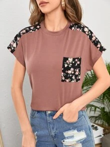 SHEIN LUNE 印花補丁口袋插肩袖T恤 - 藕粉色 - 查看 3