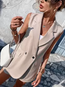 Chiquease con botones Blazer chaleco & Shorts - Caqui - Ver 6