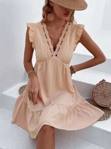 SHEIN VCAY 拼接水溶蕾絲荷葉邊後拉鏈連衣裙 - 珊瑚粉 - 查看 3