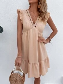 SHEIN VCAY 拼接水溶蕾絲荷葉邊後拉鏈連衣裙 - 珊瑚粉 - 查看 4