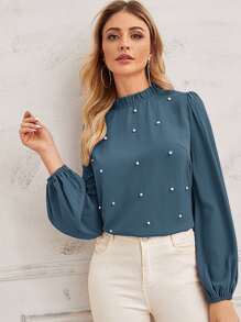 SHEIN Privé Pearl Beaded Frilled Neckline Lantern Sleeve Top - Dusty Blue - View 1