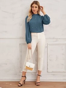 SHEIN Privé Pearl Beaded Frilled Neckline Lantern Sleeve Top - Dusty Blue - View 3