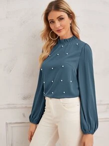 SHEIN Privé Pearl Beaded Frilled Neckline Lantern Sleeve Top - Dusty Blue - View 4