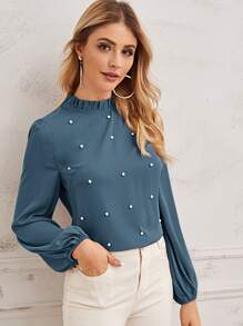 SHEIN Privé Pearl Beaded Frilled Neckline Lantern Sleeve Top - Dusty Blue - View 5