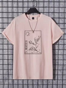 Manfinity Homme Men Plus Floral & Japanese Letter Graphic Tee - Baby Pink - View 1
