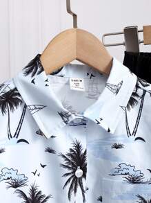 SHEIN Boys Coconut Tree Print Shirt & Shorts - Multicolor - View 3