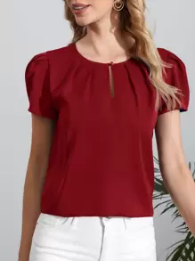 SHEIN Clasi Keyhole Front Puff Sleeve Top - Red - View 1