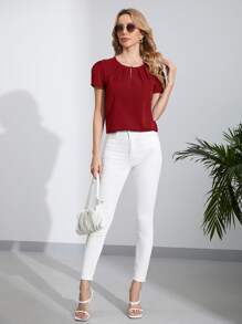 SHEIN Clasi Keyhole Front Puff Sleeve Top - Red - View 3