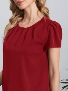 SHEIN Clasi Keyhole Front Puff Sleeve Top - Red - View 5