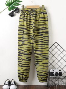Boys Zebra Striped Print Flap Pocket Cargo Trousers - Olive Green - View 1