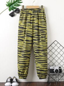 Boys Zebra Striped Print Flap Pocket Cargo Trousers - Olive Green - View 2