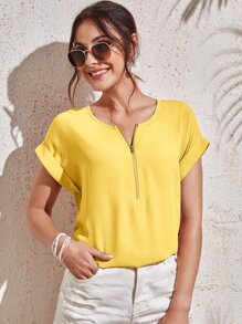 SHEIN LUNE Áo sơ mi nữ Dây kéo màu trơn Giải trí - Màu vàng - Xem 1