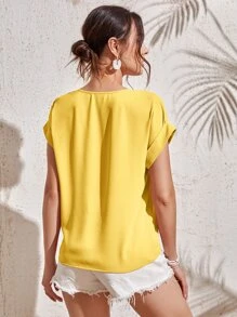 SHEIN LUNE Áo sơ mi nữ Dây kéo màu trơn Giải trí - Màu vàng - Xem 2