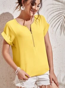 SHEIN LUNE Áo sơ mi nữ Dây kéo màu trơn Giải trí - Màu vàng - Xem 5