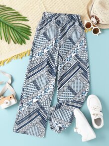 Girls Scarf Print Wide Leg Trousers - Multicolor - View 1
