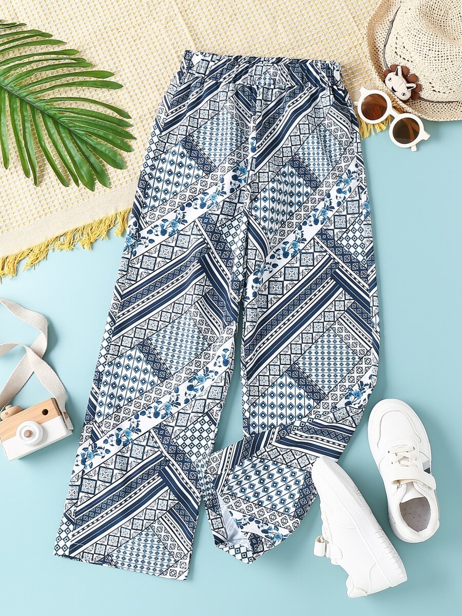 Girls Scarf Print Wide Leg Trousers - Multicolor - View 1