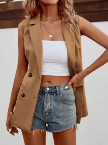 SHEIN LUNE 雙排釦西裝領馬甲西裝外套 - 棕色 - 查看 1