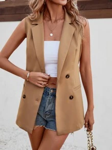 SHEIN LUNE 雙排釦西裝領馬甲西裝外套 - 棕色 - 查看 3