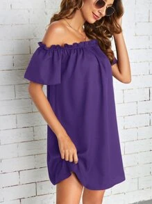 SHEIN Essnce 一字肩褶邊連衣裙 - 紫色 - 查看 3