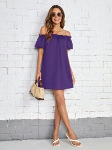 SHEIN Essnce 一字肩褶邊連衣裙 - 紫色 - 查看 5