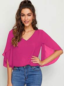 SHEIN Privé 素色開衩袖上衣 - 玫紅色 - 查看 1