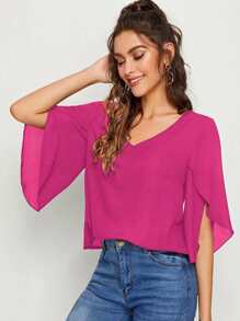 SHEIN Privé 素色開衩袖上衣 - 玫紅色 - 查看 4