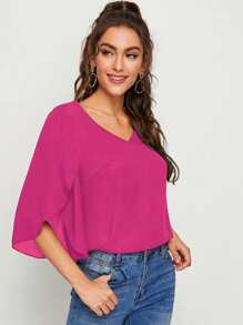 SHEIN Privé 素色開衩袖上衣 - 玫紅色 - 查看 5