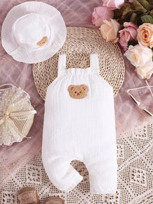 Baby Bear Patched Overall Jumpsuit - White - View 1