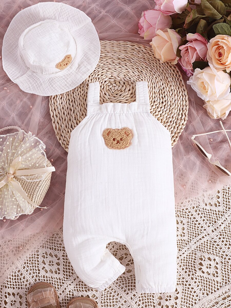 Baby Bear Patched Overall Jumpsuit - White - View 1