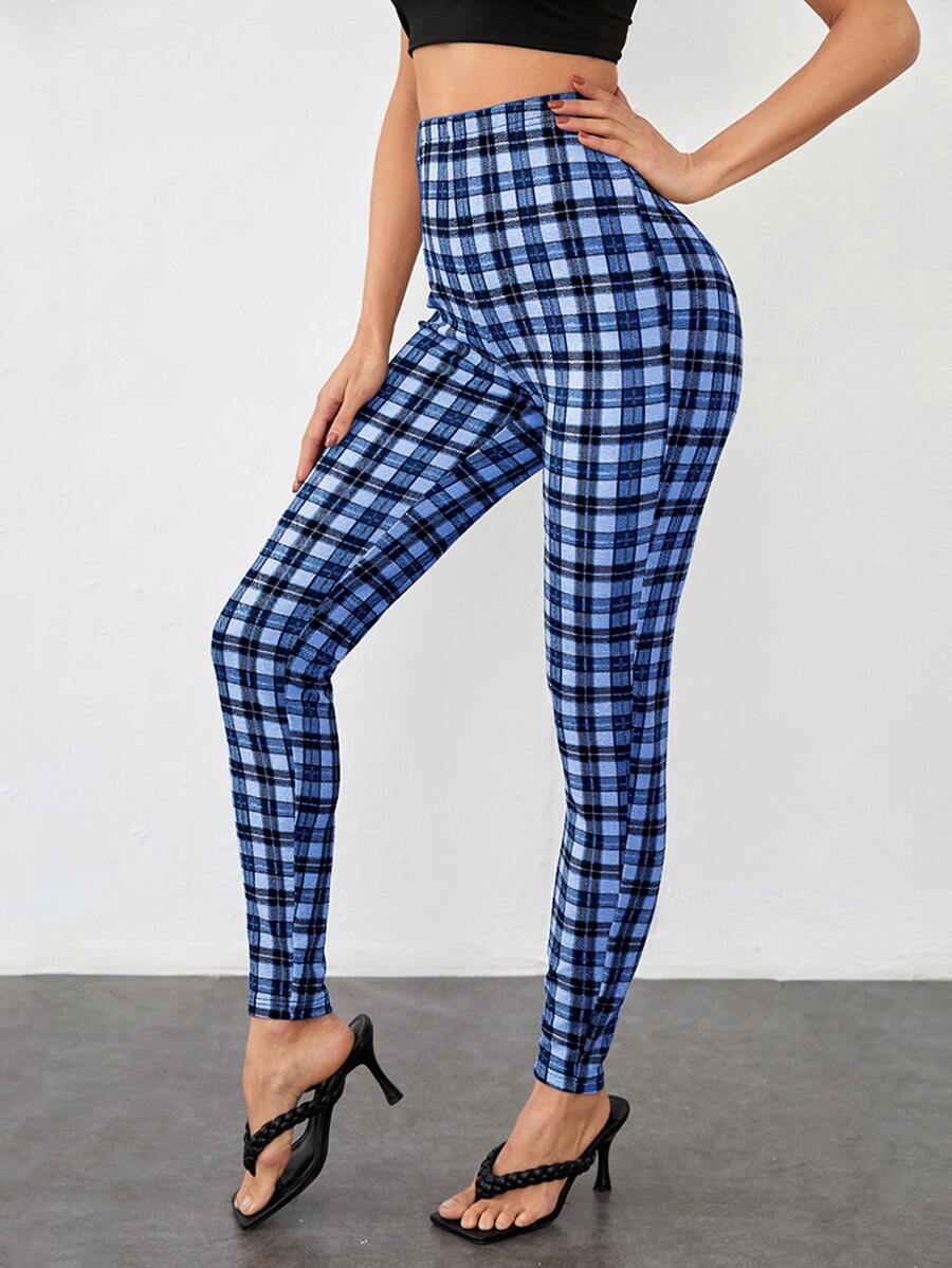 SHEIN Privé Tartan Print Skinny Trousers - Blue - View 1