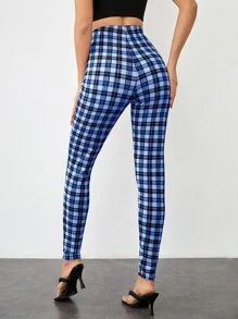 SHEIN Privé Tartan Print Skinny Trousers - Blue - View 2