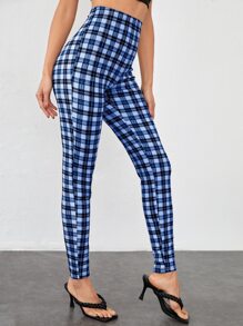SHEIN Privé Tartan Print Skinny Trousers - Blue - View 3