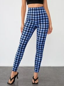 SHEIN Privé Tartan Print Skinny Trousers - Blue - View 4