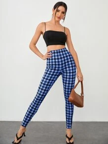 SHEIN Privé Tartan Print Skinny Trousers - Blue - View 5