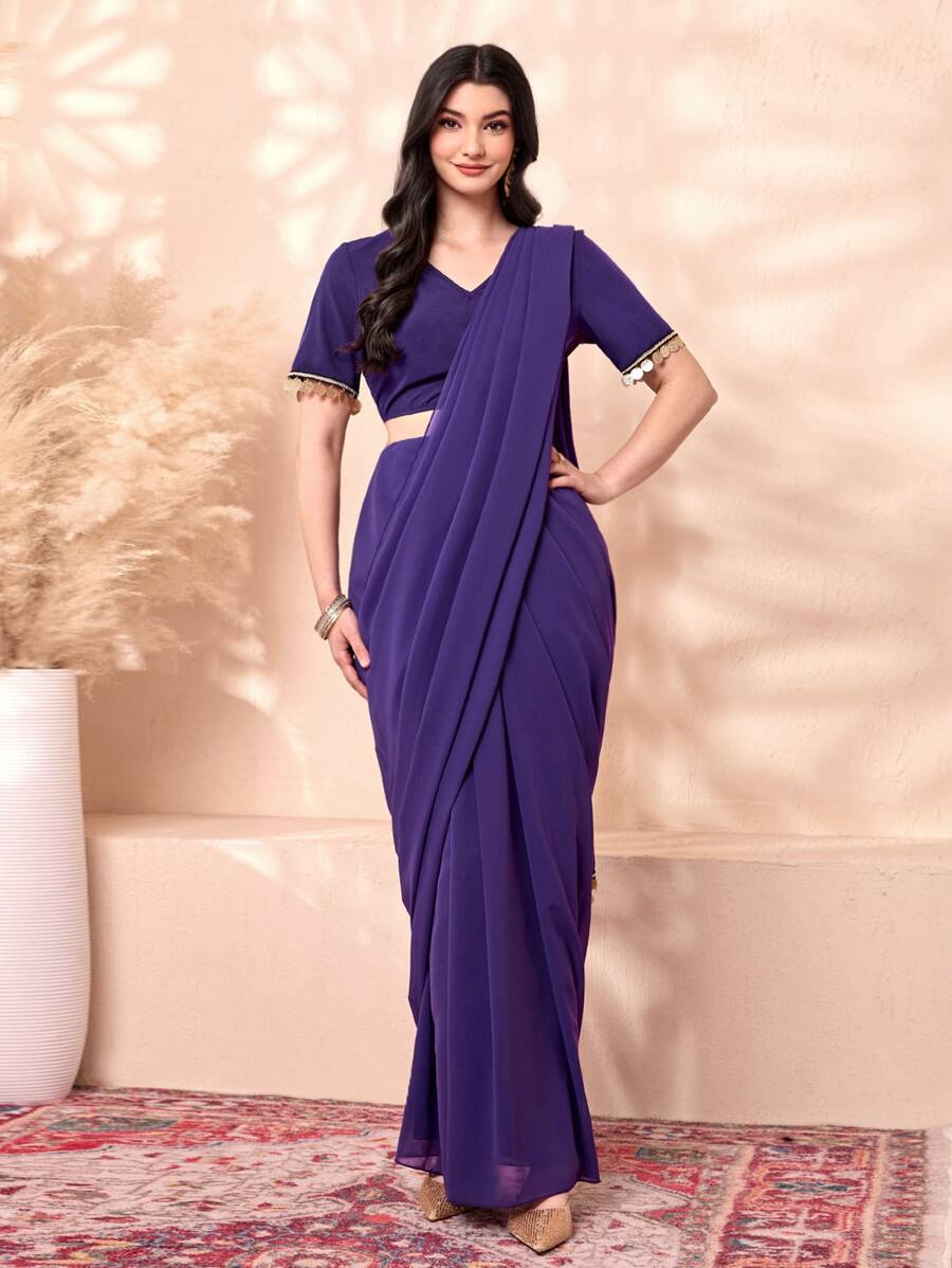 Divindia Contrast Sequin Wrap Front Dress - Purple - View 1