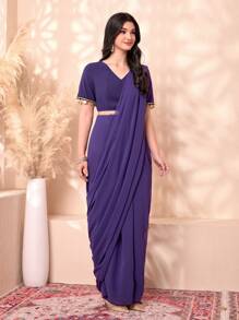 Divindia Contrast Sequin Wrap Front Dress - Purple - View 3