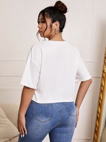 SHEIN Essnce 大碼汽車和字母圖案落肩T恤 - 白色 - 查看 2