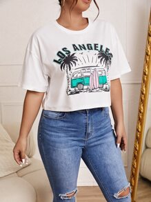 SHEIN Essnce 大碼汽車和字母圖案落肩T恤 - 白色 - 查看 3