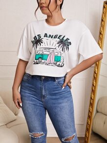 SHEIN Essnce 大碼汽車和字母圖案落肩T恤 - 白色 - 查看 4