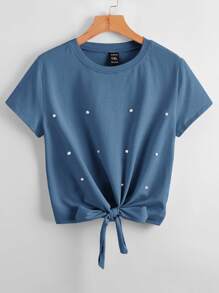 SHEIN LUNE 大碼珍珠串珠下擺打結T恤 - 霧霾藍 - 查看 1