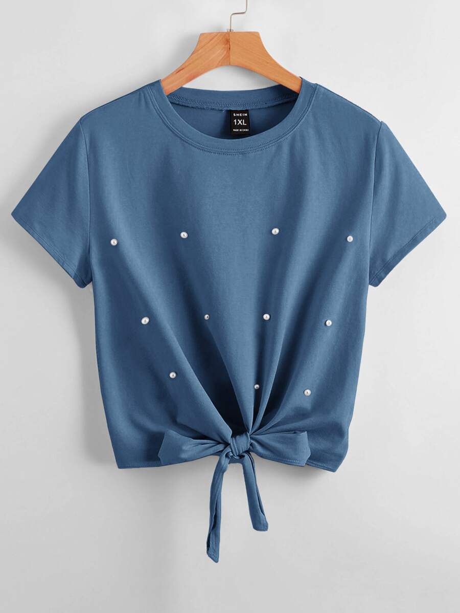SHEIN LUNE 大碼珍珠串珠下擺打結T恤 - 霧霾藍 - 查看 1