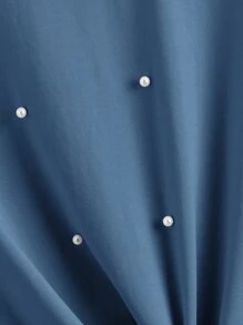 SHEIN LUNE 大碼珍珠串珠下擺打結T恤 - 霧霾藍 - 查看 3